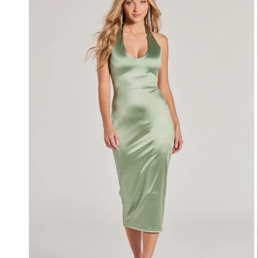 Satin Halter Midi Dress in Sage Green